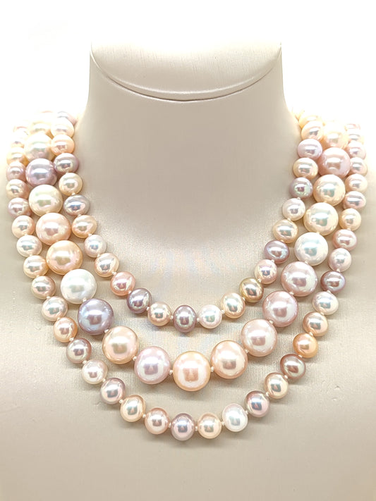 Three strand fresh multicolor pearl necklace with gold clasp