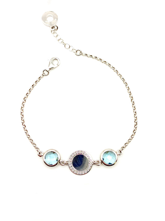 Silver bracelet with blue quartz and zircons